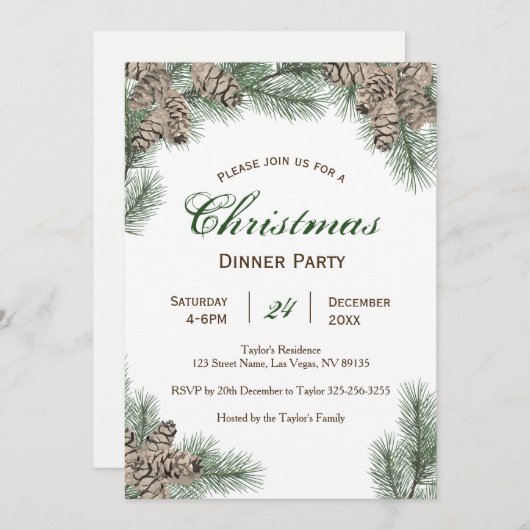 Dîner de Noël Pinecones Invitation (Devant / Derrière)
