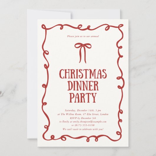 Dîner de Noël Red Bow Invitation (Devant)