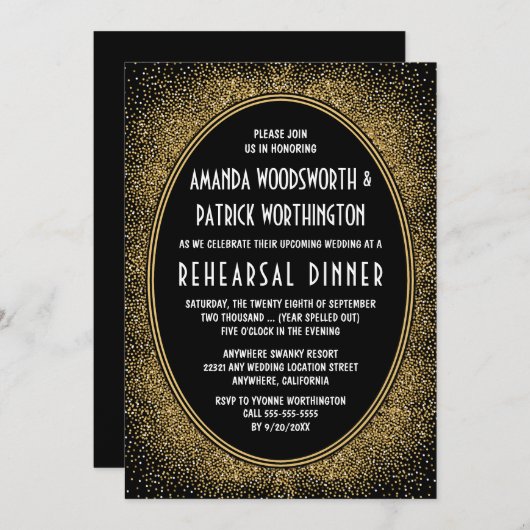 Dîner de répétition Art déco noir & or Invitations (Devant / Derrière)