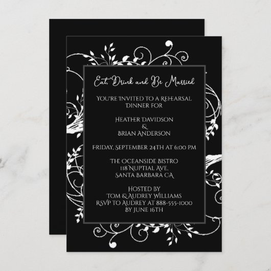 Dîner de répétition Black Flourish Invitation (Devant / Derrière)
