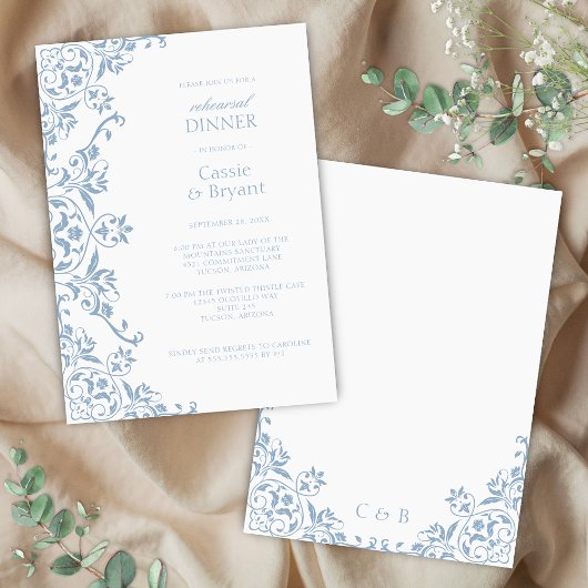 Dîner de répétition blanc et bleu chic Invitation
