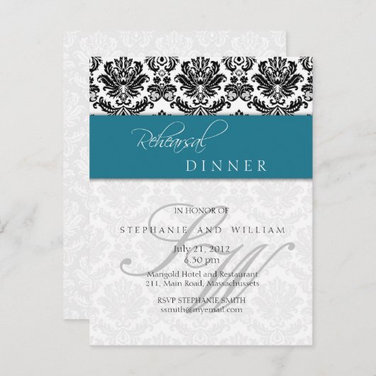 Dîner de répétition Damask Monogram carte en Turqu (Devant / Derrière)