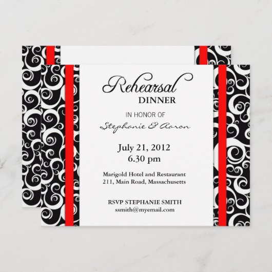 Dîner de répétition Damask Swirl Carte en rouge (Devant / Derrière)