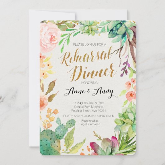 Dîner de répétition de l'aquarelle invitation Boho (Devant)