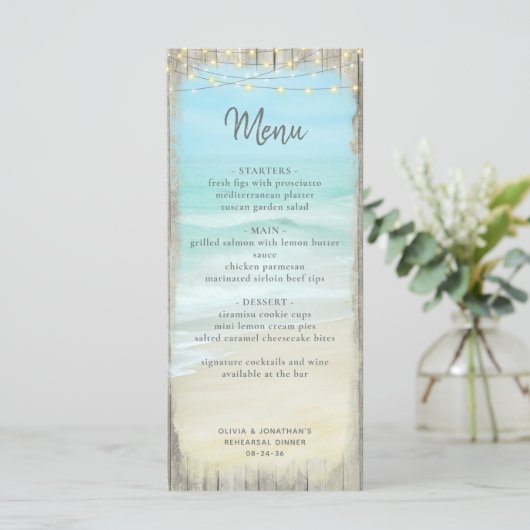 Dîner de répétition de plage Menu Rustique Mariage (Debout devant)