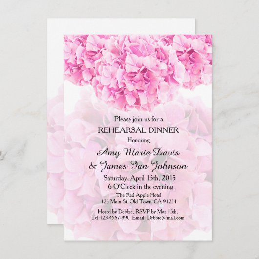 Dîner de répétition d'hydrangea rose invitations h (Devant / Derrière)