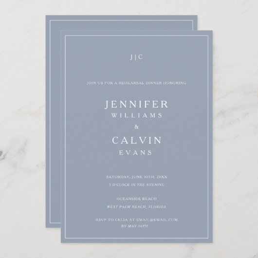 Dîner de répétition Dove Blue Monogram Invitation (Devant / Derrière)