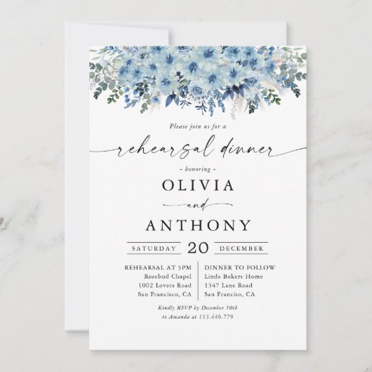 Dîner de répétition Floral Boho bleu Invitation (Devant)