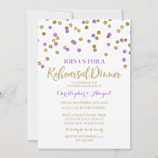 Dîner de répétition Gold Purple Invitation (Dos)