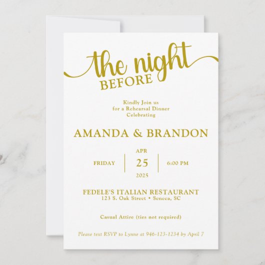 Dîner de répétition Gold Texte Invitation (Devant)