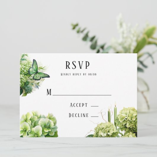 Dîner de répétition Hydrangea vert - Carte RSVP (Debout devant)