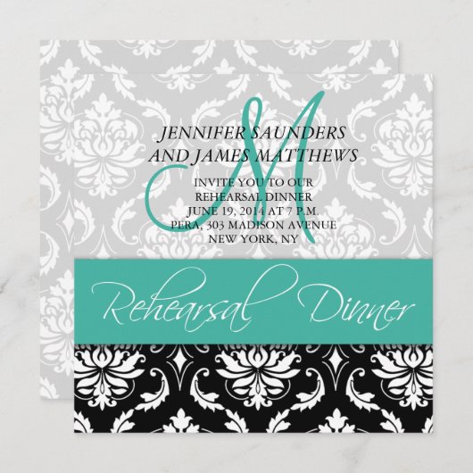 Dîner de répétition Invitation Damask Monogram Tur (Devant / Derrière)