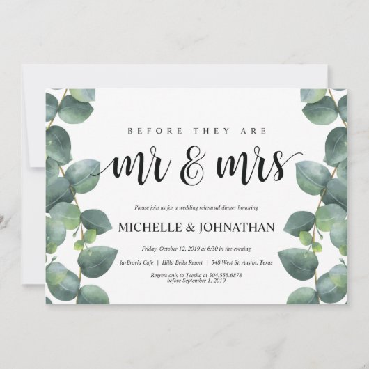 Dîner de répétition Mariage Eucalyptus Invitation (Devant)