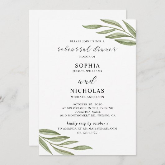 Dîner de répétition mariage vert invitation (Devant / Derrière)