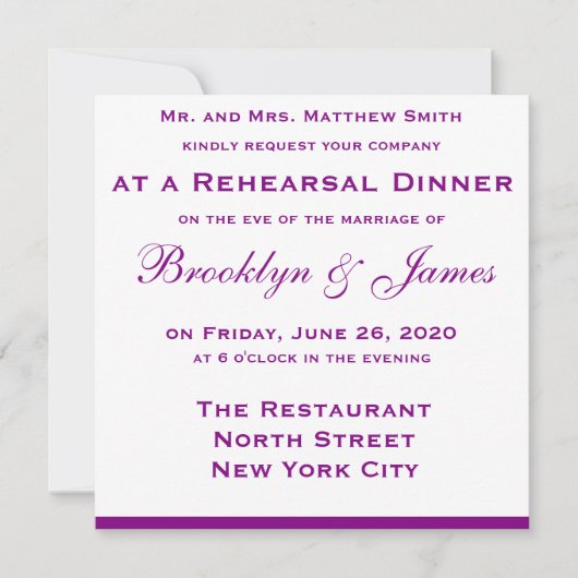 Dîner de répétition Mariage violet Invitations Bow (Devant)