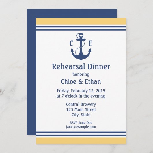 Dîner de répétition nautique jaune Invitations (Devant / Derrière)