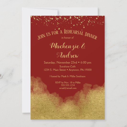 Dîner de répétition Red Gold Confetti Invitation (Devant)