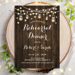 Dîner de répétition - Rustic Wood Invitation<br><div class="desc">Dîner de répétition Invitation. Design rustique avec motif en bois brun foncé,  lumières à cordes féeriques et jarres en maçon. S'il vous plaît,  envoyez-moi un message si vous avez besoin d'une personnalisation plus poussée.</div>