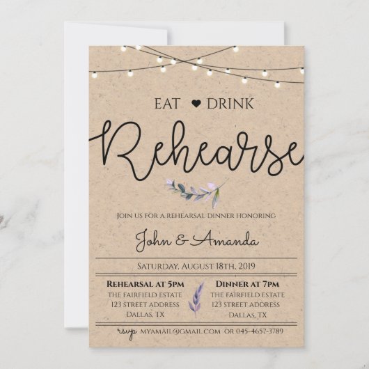 Dîner de répétition rustique Invitation (Devant)