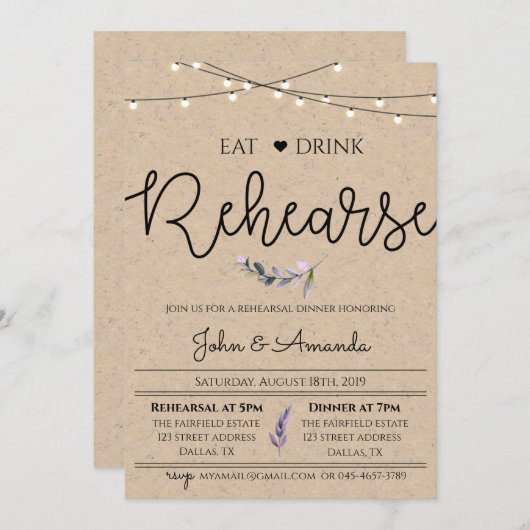 Dîner de répétition rustique Invitation (Devant / Derrière)