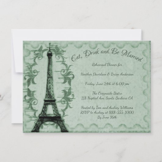 Dîner de répétition Tour Eiffel Vert Invitation (Devant)