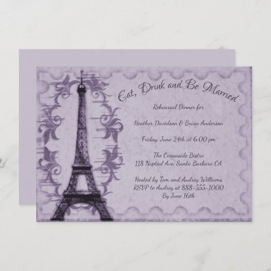 Dîner de répétition Tour Eiffel violet Invitation (Devant / Derrière)