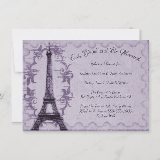 Dîner de répétition Tour Eiffel violet Invitation (Devant)