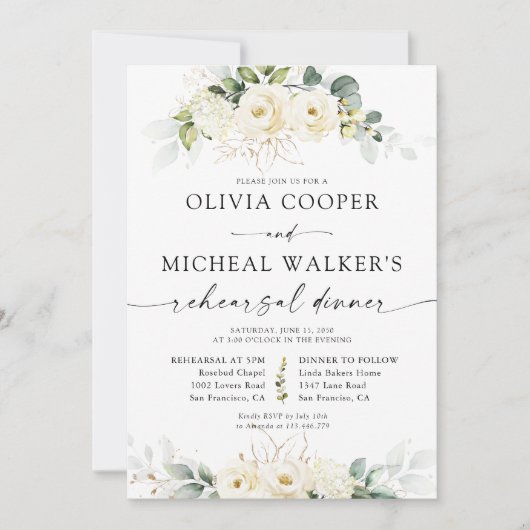 Dîner de répétition vert blanc Roses Invitation (Devant)