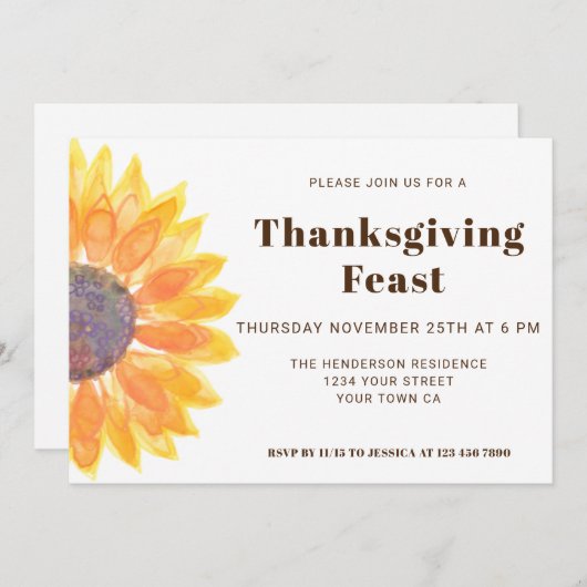 Dîner de Thanksgiving de tournesol Invitation (Devant / Derrière)