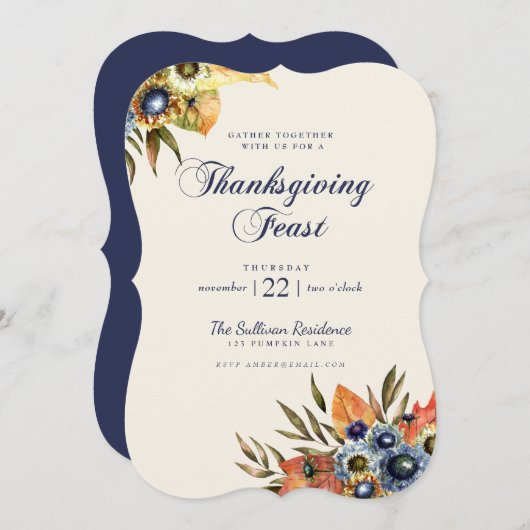 Dîner de Thanksgiving Invitation Fête Floral Navy (Devant / Derrière)