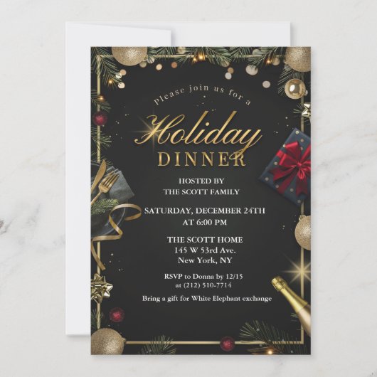 Dîner de vacances en noir et or Invitation seuleme (Devant)