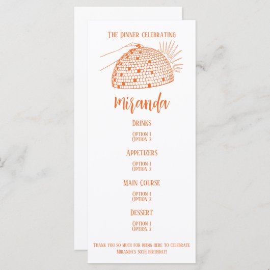 Dîner Disco Ball Menu Orange (Devant / Derrière)