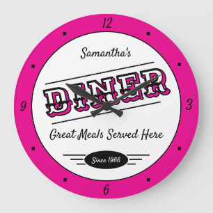Diner Elke Naam Datum Retro Heet Roze Zwart Wit Grote Klok