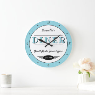 Diner Elke Naam Datum Retro Robin Ei Blauw Zwart Grote Klok