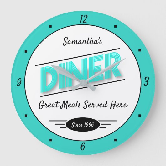 Diner Elke naam Datum Retro Turquoise Zwart Wit Grote Klok (Voorkant)