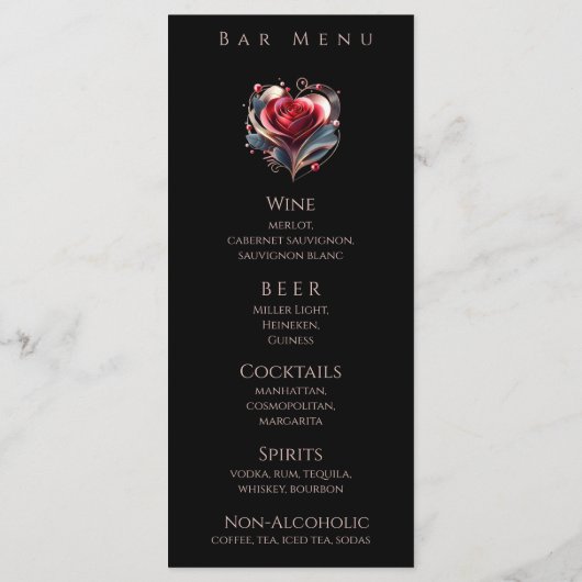 Diner en Bar Menu-Modern Hartvormig Roos Menu (Achterkant)