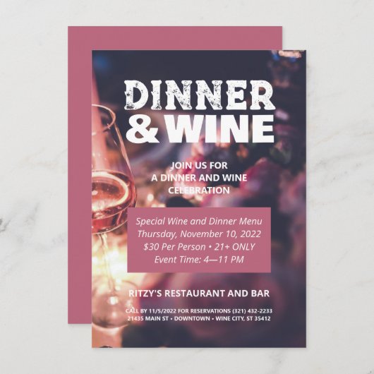 Diner- en wijnfoto aangepaste flyer uitnodiging (Voorkant / Achterkant)