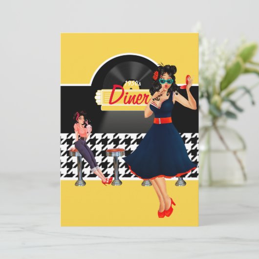 Diner geel zwart-wit, ingecheckt kaart (Staand voorkant)