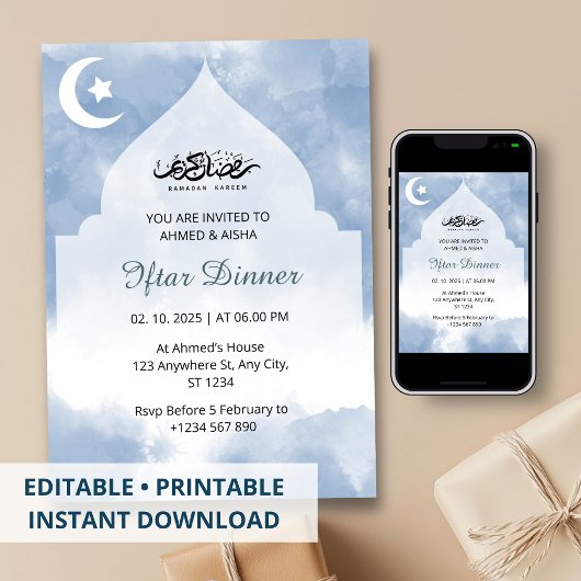 Dîner Iftar invitation ramadan aquarelle bleu
