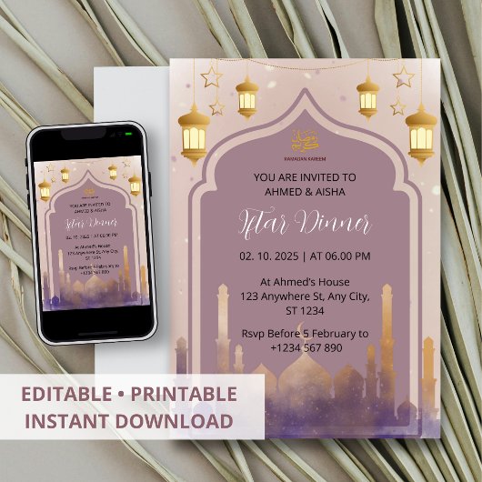 Dîner Iftar invitation ramadan aquarelle mosquée