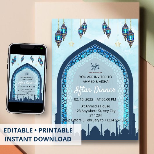 Dîner Iftar invitation ramadan aquarelle mosquée