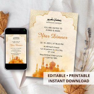 Dîner Iftar invitation ramadan aquarelle mosquée