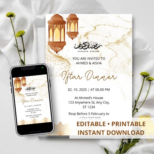 Dîner Iftar invitation ramadan aquarelle or