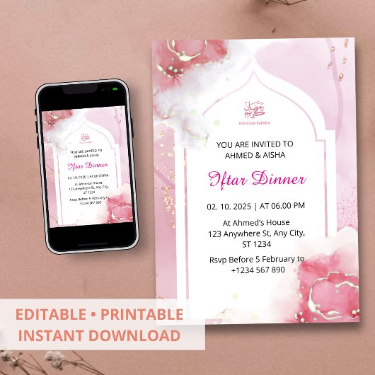 Dîner Iftar invitation ramadan aquarelle rose