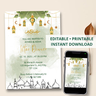 Dîner Iftar invitation ramadan aquarelle vert