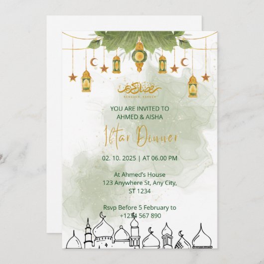 Dîner Iftar invitation ramadan aquarelle vert (Devant / Derrière)