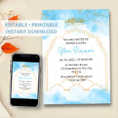 Dîner Iftar invitation ramadan bleu aquarelle