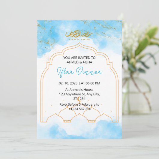 Dîner Iftar invitation ramadan bleu aquarelle (Debout devant)