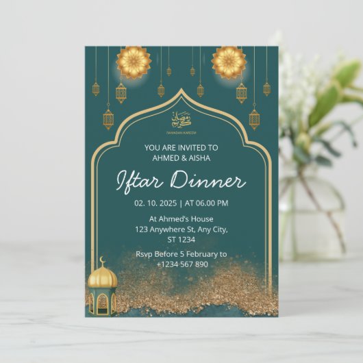 Dîner Iftar invitation ramadan or vert (Debout devant)