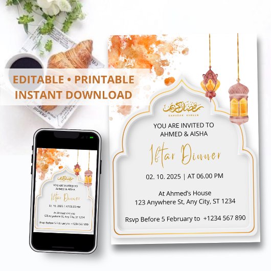 Dîner Iftar invitation ramadan orange aquarelle